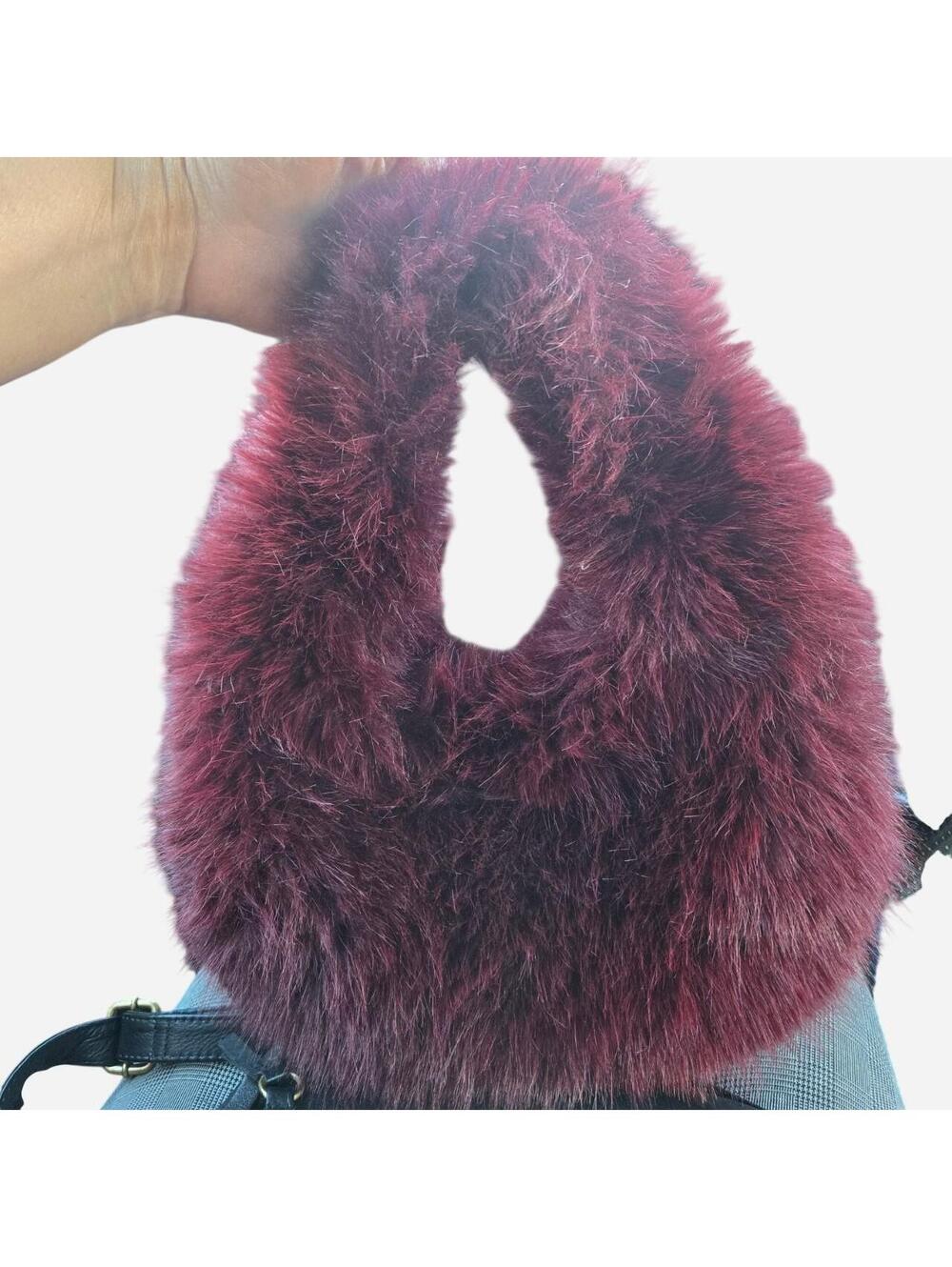Gorgeous Burgundy Plushed Faux Fur Hobo Handbag Bag Winter Chic